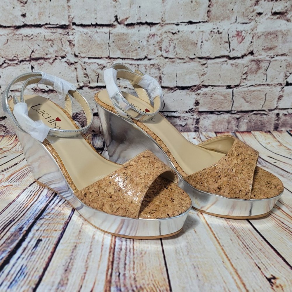 Luichiny Paul Let Ankle Strap Cork Silver Platform Wedge Sandals